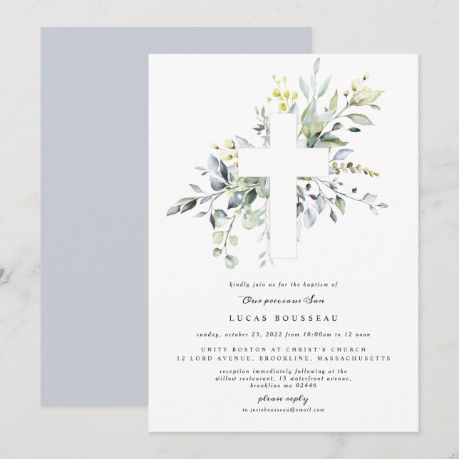 Eucalyptus Boy Baptism Christening Invitation (Front/Back)