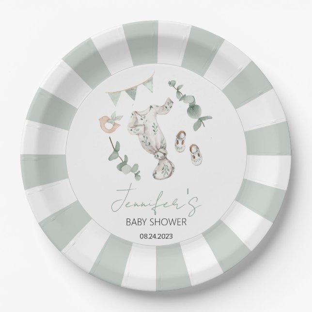 Eucalyptus boy clothes baby shower paper plates (Front)