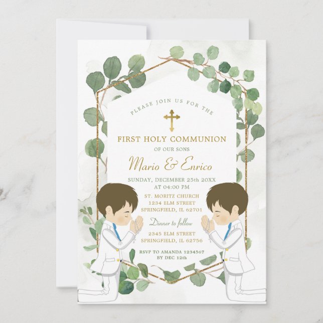 Eucalyptus Boy Twins Greenery Gold Holy Communion Invitation (Front)