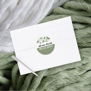 Eucalyptus branch and flowers, typography wedding classic round sticker