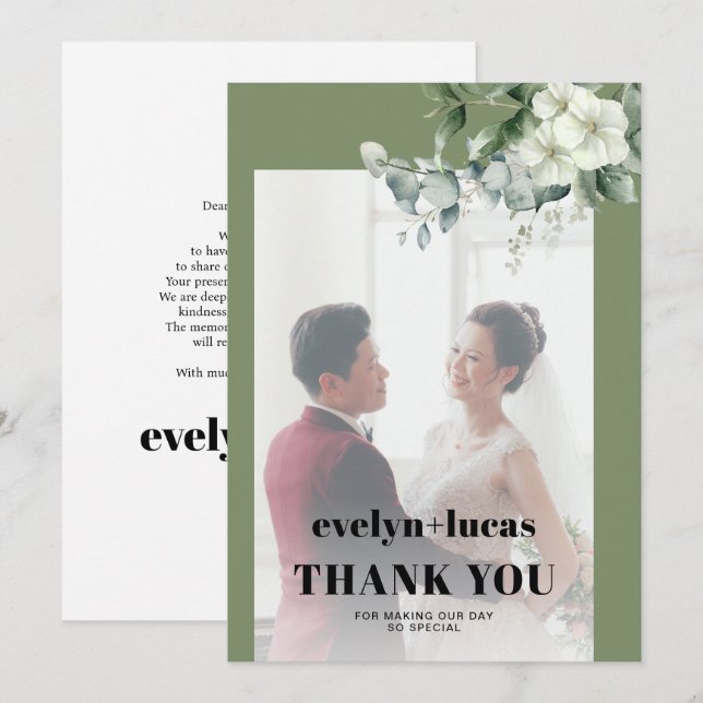 Eucalyptus branch and white flowers photo wedding thank you card (Front/Back)