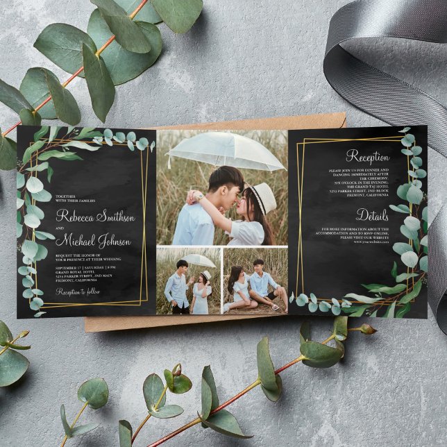 Eucalyptus Branch Black Gold Photo Collage Wedding Tri-Fold Invitation (Creator Uploaded)