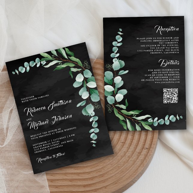 Eucalyptus Branch Charcoal Black QR Code Wedding Invitation (Creator Uploaded)