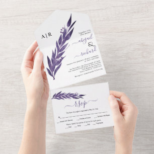 Eucalyptus branch dark purple colour winter weddin all in one invitation