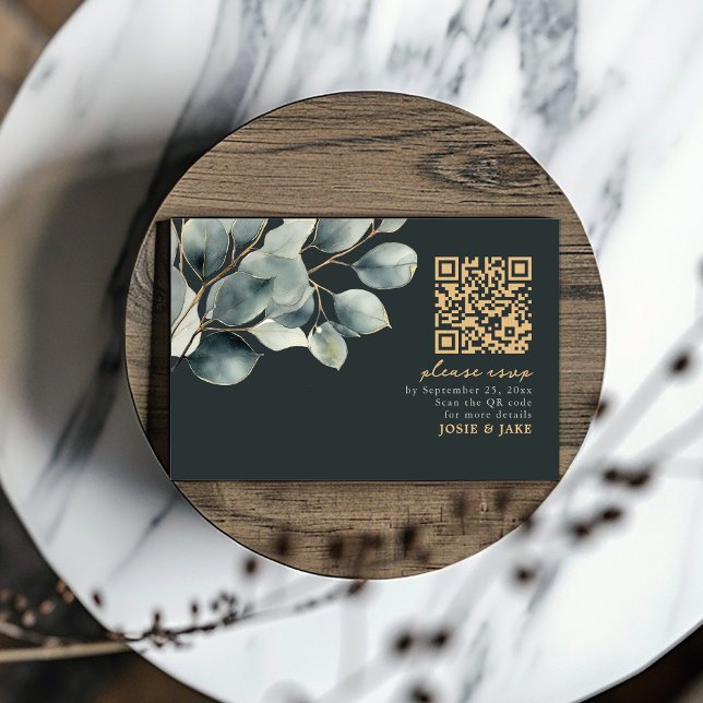 Eucalyptus branch, green wedding QR Code rsvp Card (Eucalyptus branch, green wedding rsvp card with gold QR Code and text)