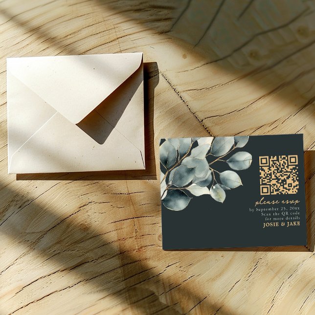 Eucalyptus branch, green wedding rsvp enclosure card (Eucalyptus branch, green wedding rsvp card with gold QR Code and text)