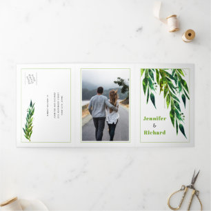 Eucalyptus branch in green colour autumn wedding Tri-Fold invitation