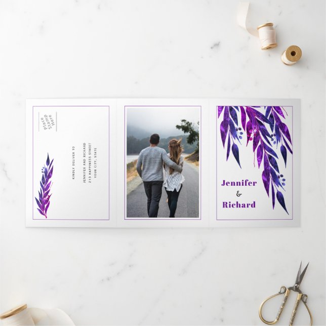 Eucalyptus branch in purple colour autumn wedding Tri-Fold invitation (Outside)