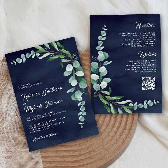 Eucalyptus Branch Navy Blue QR Code Wedding Invitation (Creator Uploaded)