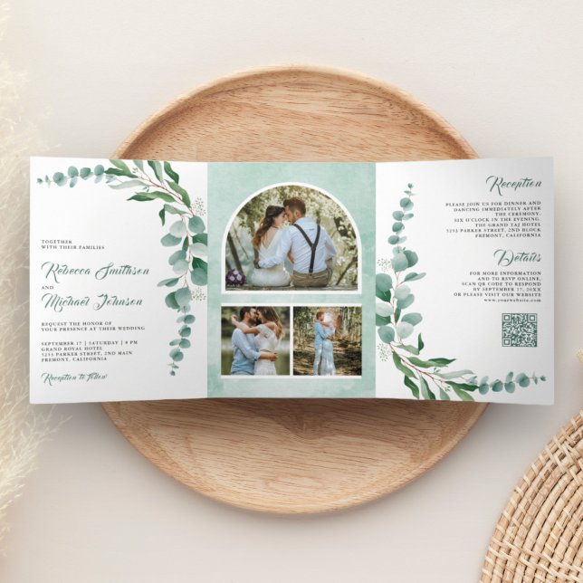 Eucalyptus Branch Photo Collage QR Code Wedding Tri-Fold Invitation (Creator Uploaded)