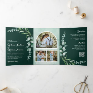 Eucalyptus Branch Photo QR Code Emerald Wedding Tri-Fold Invitation