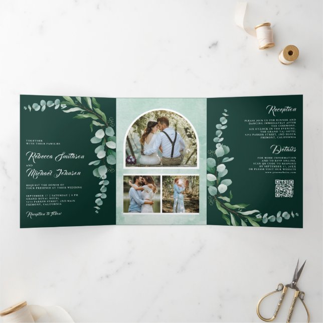Eucalyptus Branch Photo QR Code Emerald Wedding Tri-Fold Invitation (Inside)