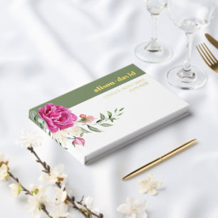 Eucalyptus branch pink rose flowers wedding foil guest book