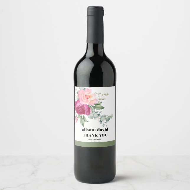 Eucalyptus branch, pink roses typography wedding wine label (Front)