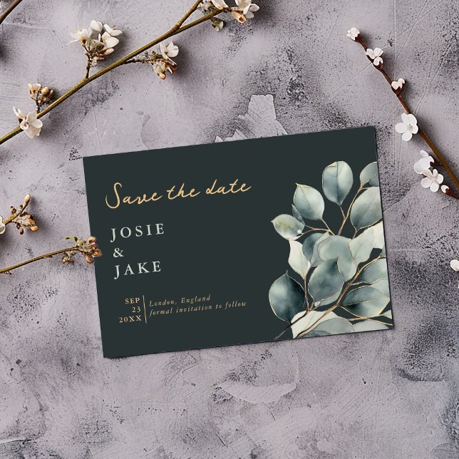 Eucalyptus branch pretty leaves save the date (Dark green Eucalyptus branch pretty leaves wedding save the date with gold script and text)
