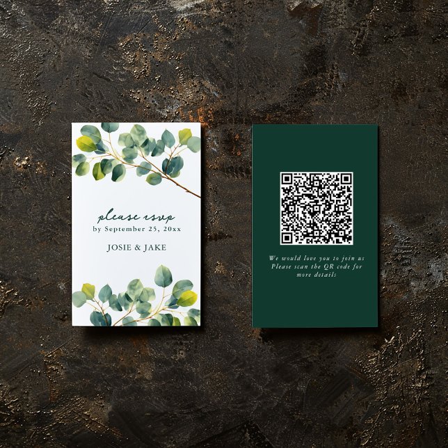 Eucalyptus branch wedding qr code rsvp enclosure card (Modern eucalyptus leaf design on perfect for conveying a natural, fresh feel to your event.)