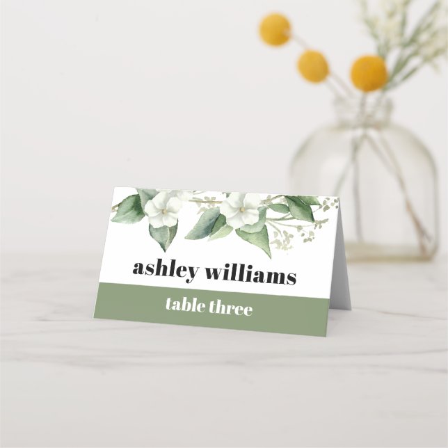 Eucalyptus branch white flowers typography wedding place card (Front)