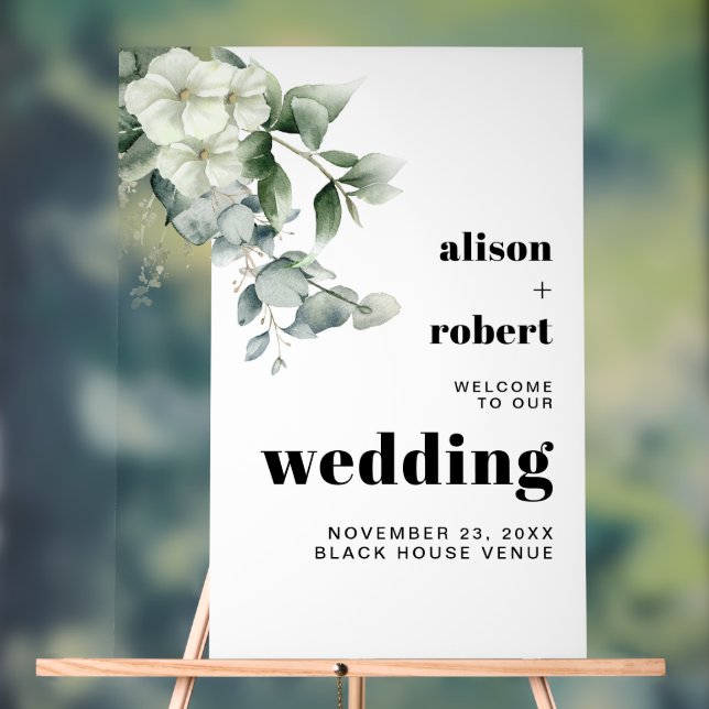 Eucalyptus branch, white flowers wedding WELCOME Acrylic Sign (Neutral)