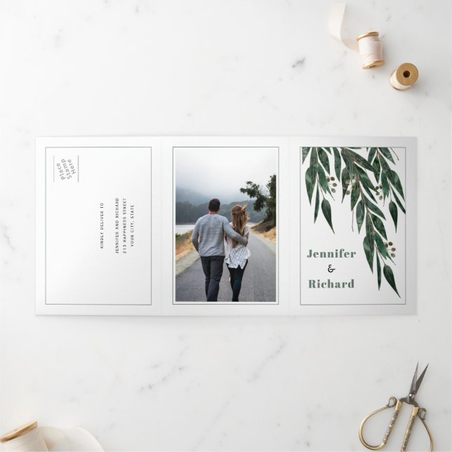 Eucalyptus branch with leaves winter wedding Tri-Fold invitation (Outside)