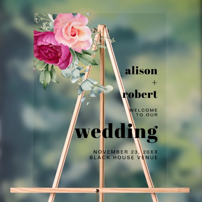 Eucalyptus branch with pink roses wedding WELCOME Acrylic Sign (Neutral)