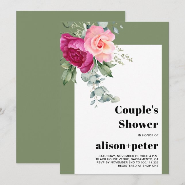 Eucalyptus branches, flowers couple's shower invitation (Front/Back)