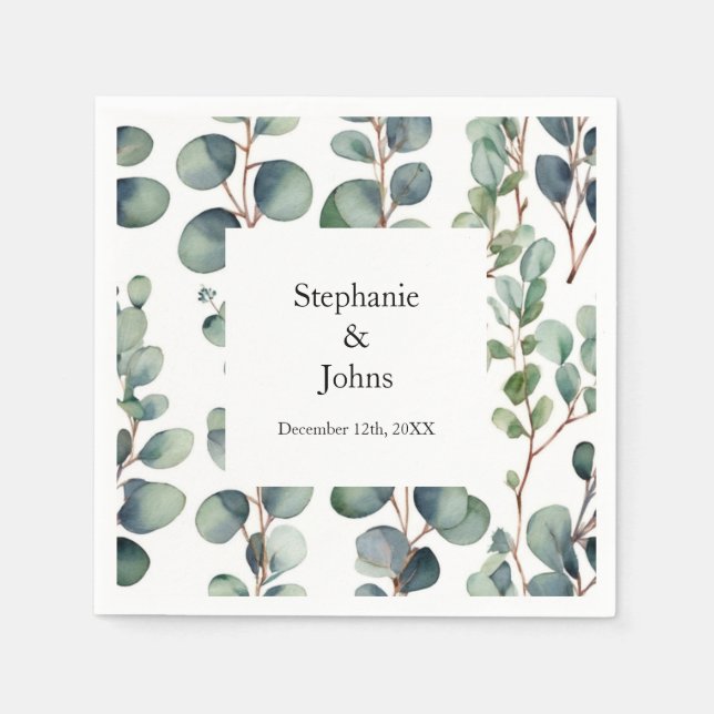 Eucalyptus Branches Green Dusty Blue Artsy Wedding Napkin (Front)