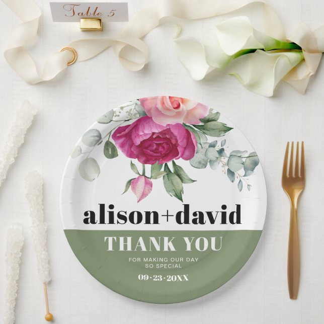 Eucalyptus branches with pink roses floral wedding paper plate (Wedding)