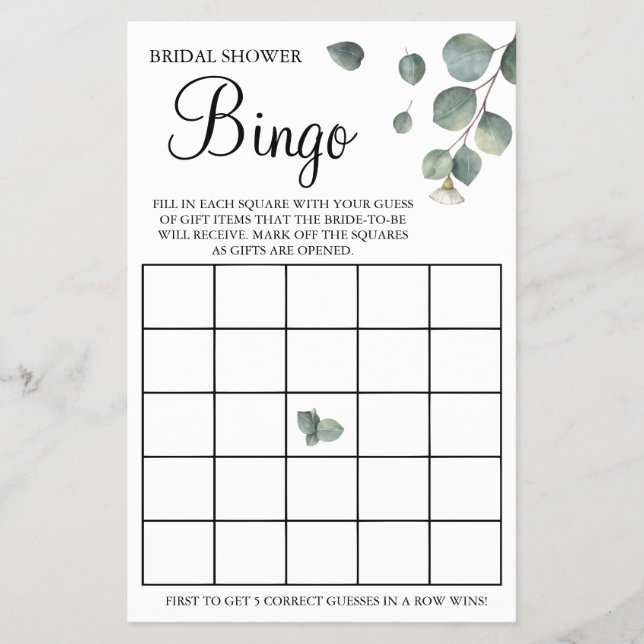 Eucalyptus Bridal Shower Bingo game card (Front)