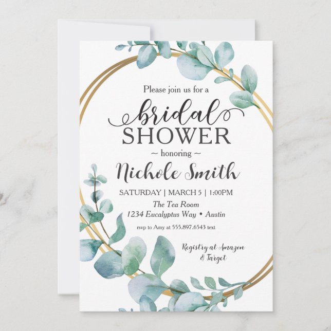 Eucalyptus Bridal Shower Eternity Gold Ring Invite (Front)