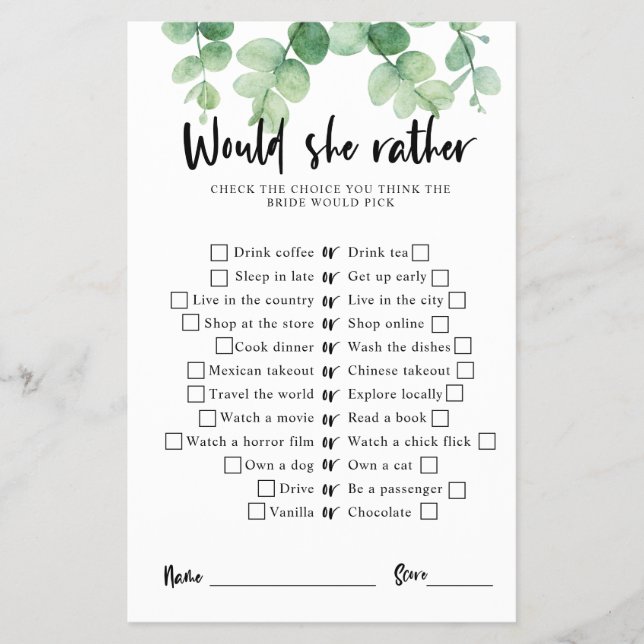 Eucalyptus Bridal Shower Game Would she rather  Flyer (Front)