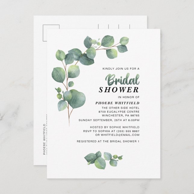 Eucalyptus Bridal Shower Greenery Succulent Invitation Postcard (Front/Back)