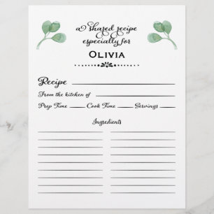 Eucalyptus Bridal Shower Recipe Card Custom Letterhead