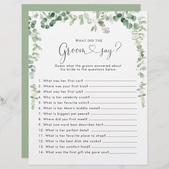 Eucalyptus Bridal Shower What did the Groom Say (Front/Back)