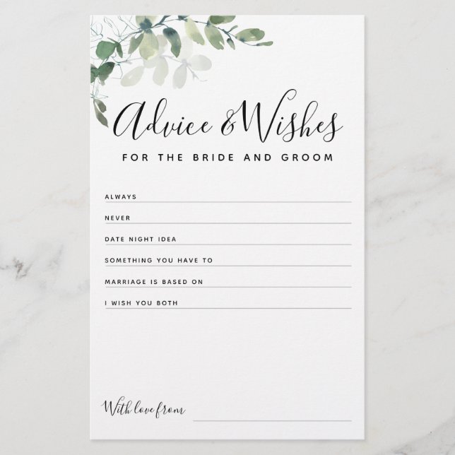 Eucalyptus Bride and Groom Advice Wishes Card (Front)