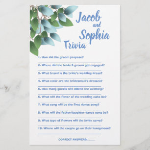 EUCALYPTUS BRIDE & GROOM TRIVIA SHOWER GAME CARD