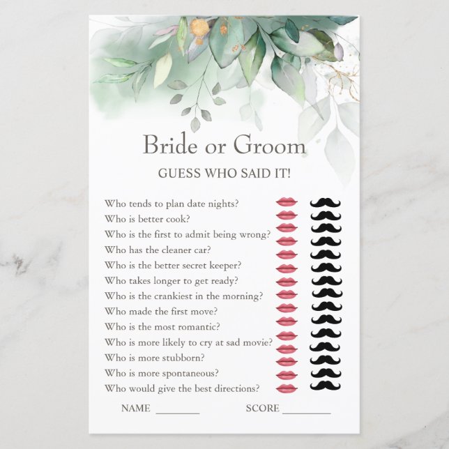 Eucalyptus Bride or Groom Bridal Shower Game (Front)