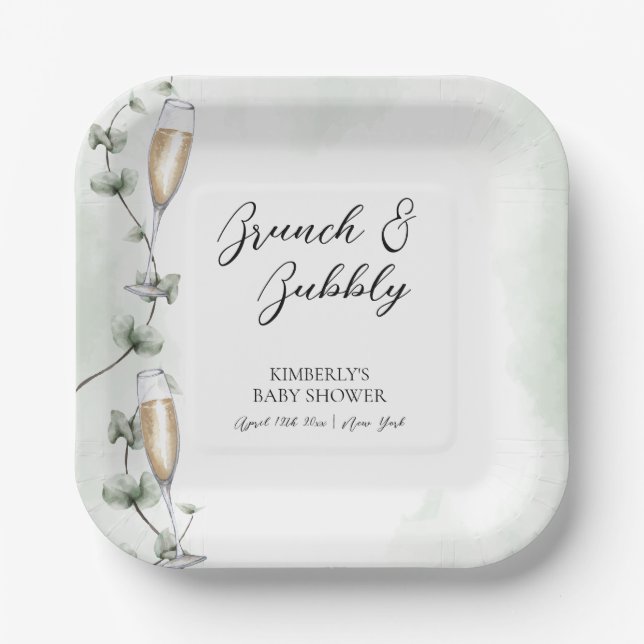 Eucalyptus Brunch Champagne Garden Baby Shower Paper Plate (Front)