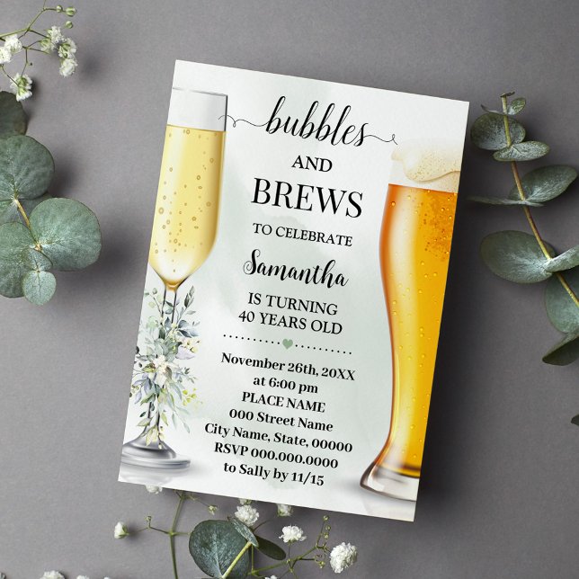 Eucalyptus Bubbles and Brews Adults Birthday Invitation (Creator Uploaded)