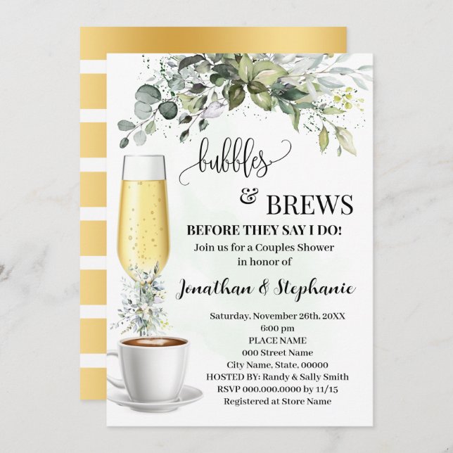 Eucalyptus Bubbles and Brews Coffee Shower Invitation (Front/Back)