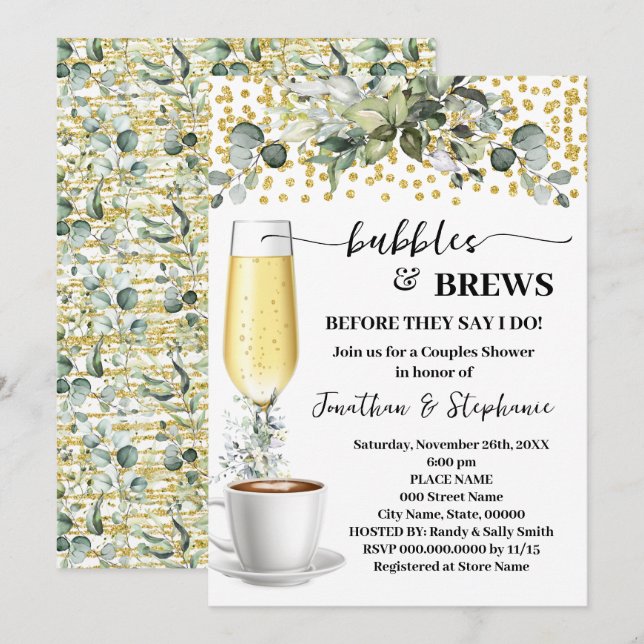 Eucalyptus Bubbles & Brews Coffee Bridal Shower Invitation (Front/Back)