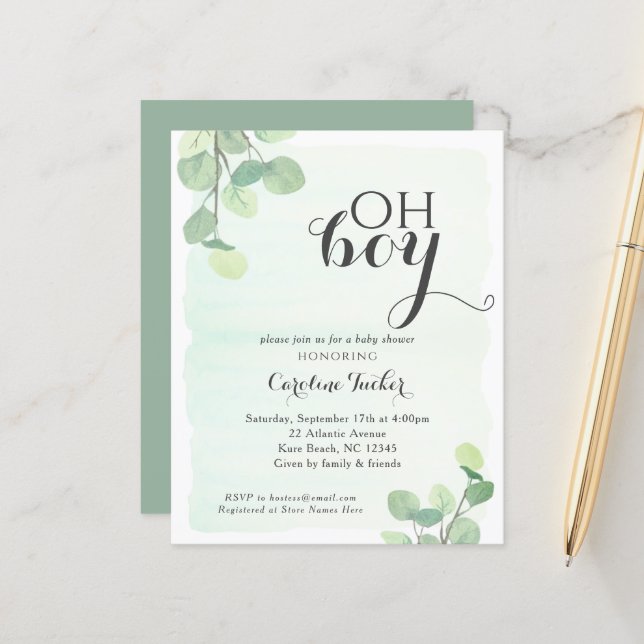Eucalyptus Budget OH BOY Shower Invitation (Front/Back In Situ)