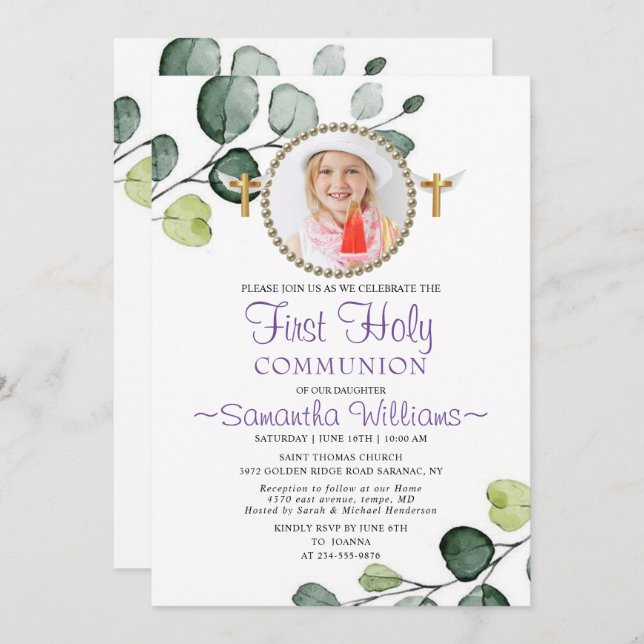 Eucalyptus Budget Photo First Communion Invitation (Front/Back)