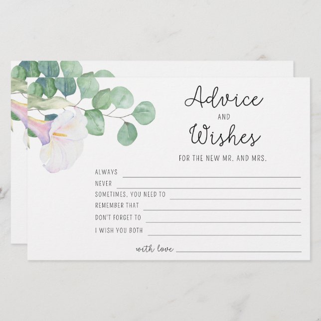 Eucalyptus/calla - advice and wishes bridal shower stationery (Front/Back)