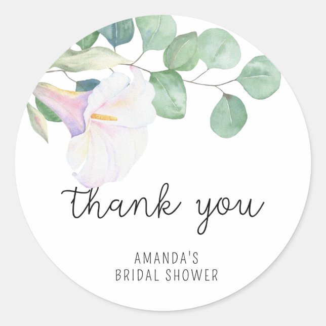 Eucalyptus - calla - bridal shower thank you classic round sticker (Front)