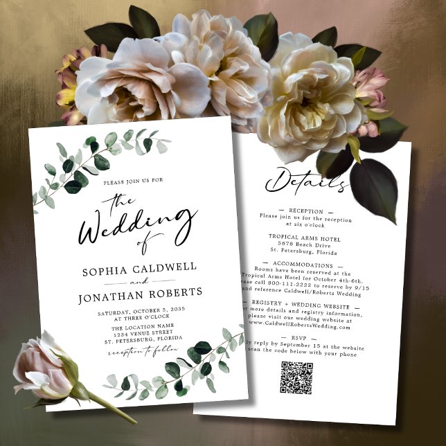 Eucalyptus Calligraphy All in One QR Code Wedding Invitation (Wedding Invitation-Eucalyptus Greenery-All in One QR Code-Modern Calligraphy-White)