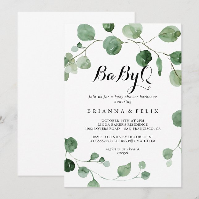 Eucalyptus Calligraphy BabyQ Baby Shower Barbecue  Invitation (Front/Back)