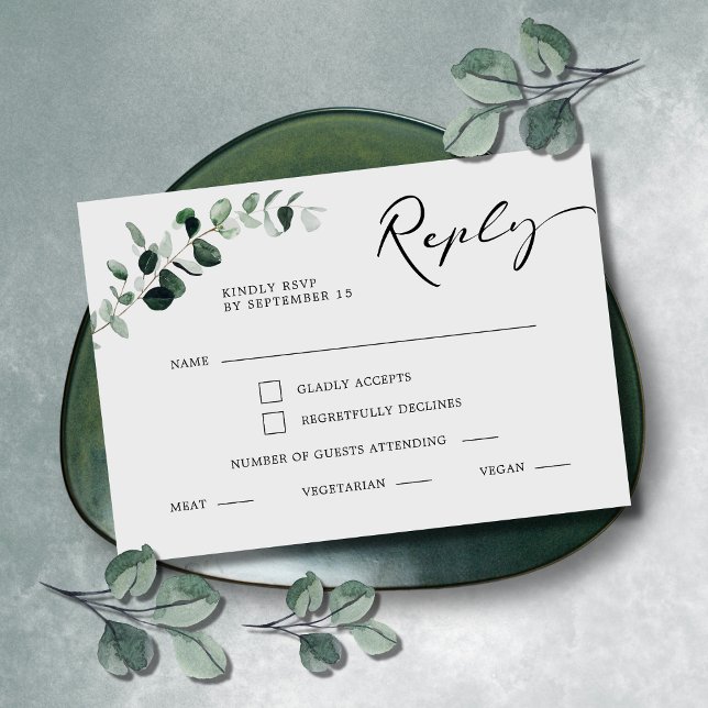 Eucalyptus Calligraphy Meal Choice Wedding RSVP Card (Eucalyptus Greenery Modern Calligraphy Meal Choice RSVP Reply Wedding Enclosure Card)