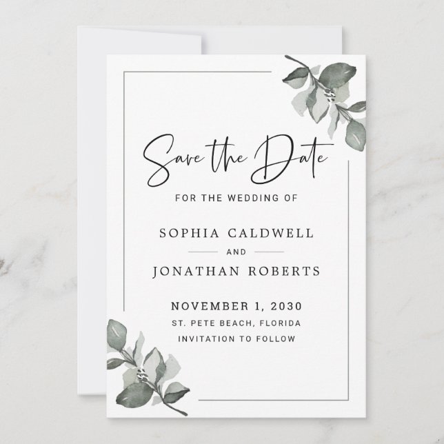 Eucalyptus Calligraphy Minimalist Botanical Save The Date (Front)