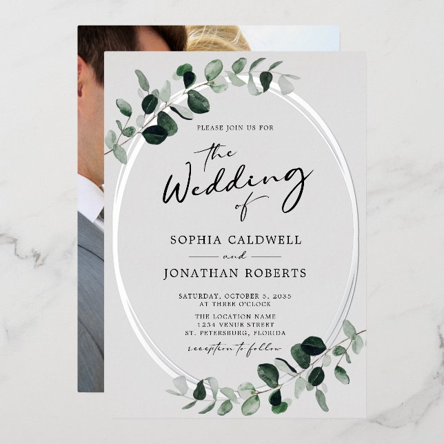Eucalyptus Calligraphy Photo Wedding Silver (Front/Back)