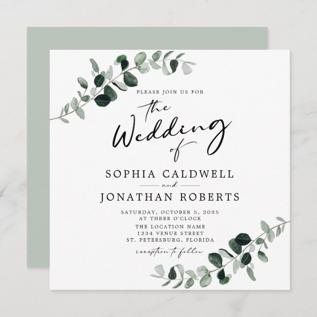 Eucalyptus Calligraphy QR Code Square Wedding Invitation (Front/Back)